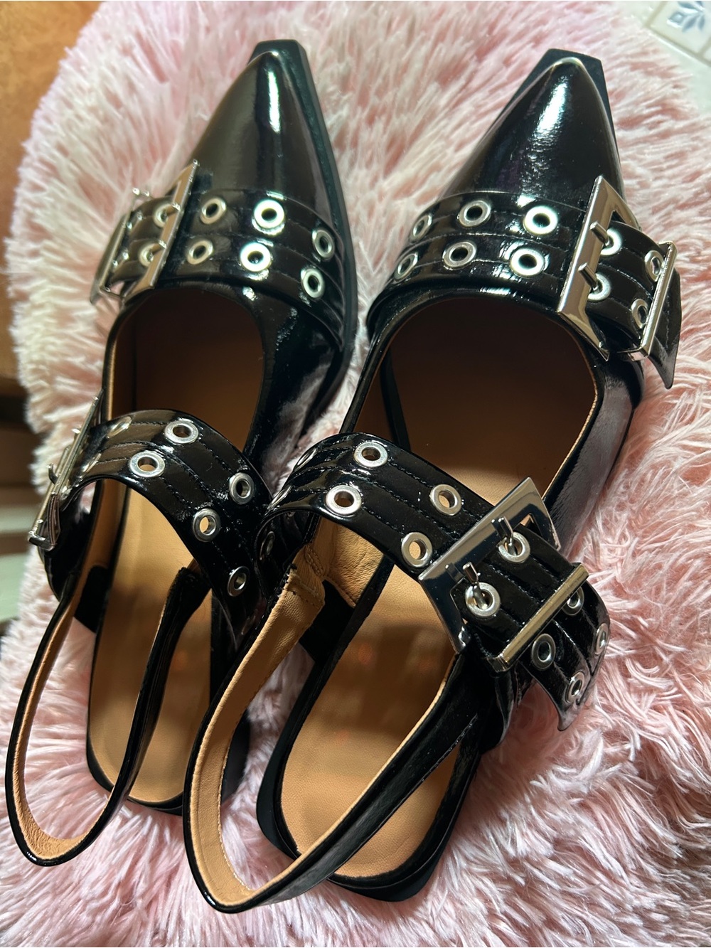 Black Patent Pointed Slingback Mules with Buckle & Eyelet Detail